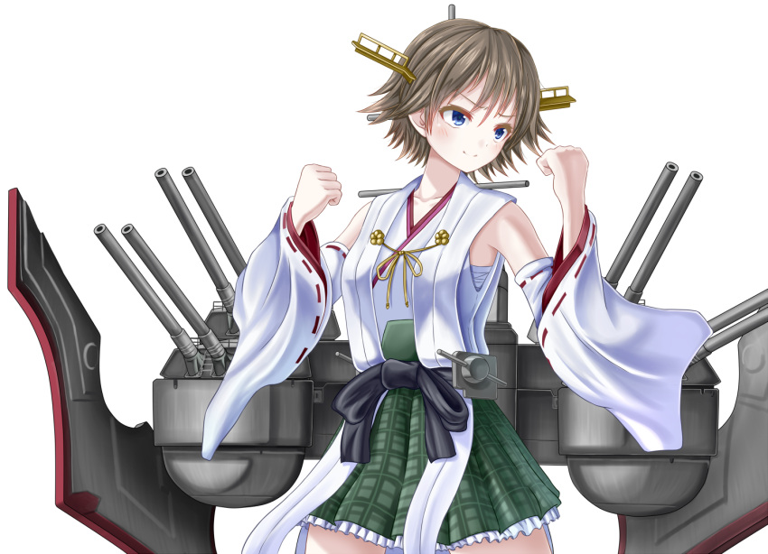 1girl bare_shoulders blue_eyes brown_hair cannon detached_sleeves flipped_hair green_skirt headgear hiei_(kantai_collection) japanese_clothes kantai_collection nontraditional_miko plaid plaid_skirt remodel_(kantai_collection) ribbon-trimmed_sleeves ribbon_trim rigging short_hair simple_background skirt solo turret white_background yatsu_seisakusho