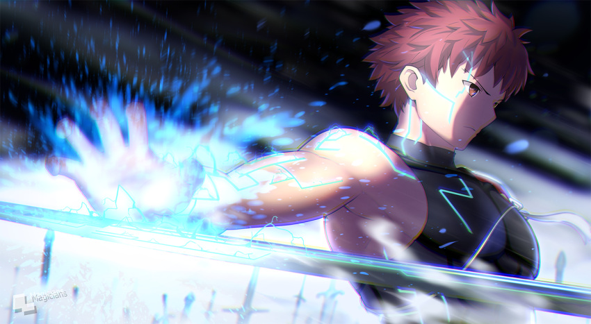 1boy armor armpits artist_name breastplate brown_eyes electricity emiya_shirou energy fate/stay_night fate_(series) magic magicians_(zhkahogigzkh) male_focus orange_hair outstretched_arm planted_sword planted_weapon ribbon serious solo sparks sword upper_body weapon white_ribbon