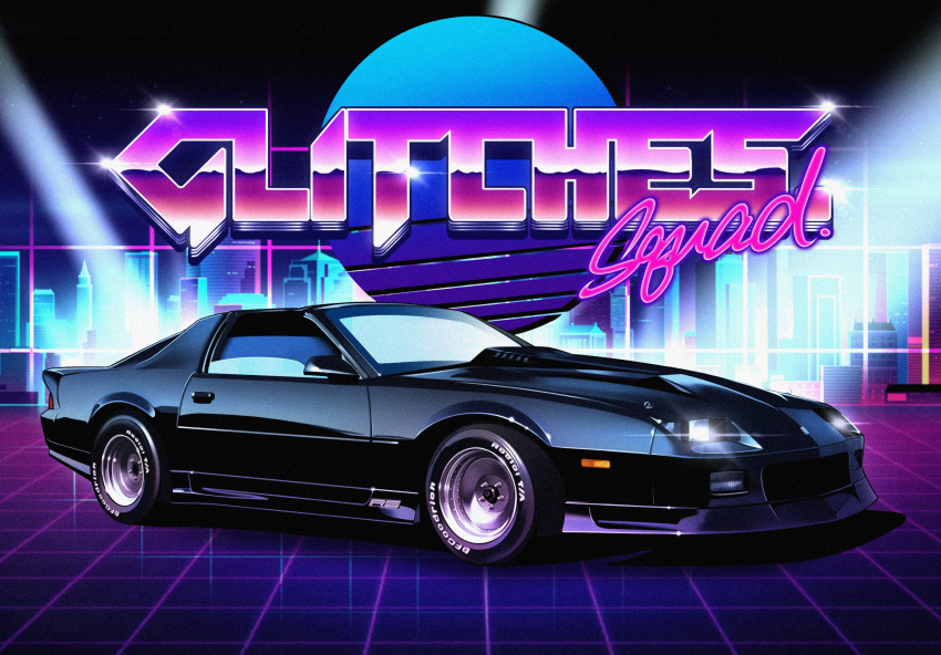 absurdres car chevrolet chevrolet_camaro english_text from_side glowing ground_vehicle headlight highres motor_vehicle no_humans original sh1m4o solo vaporwave vehicle_focus vehicle_request wheel