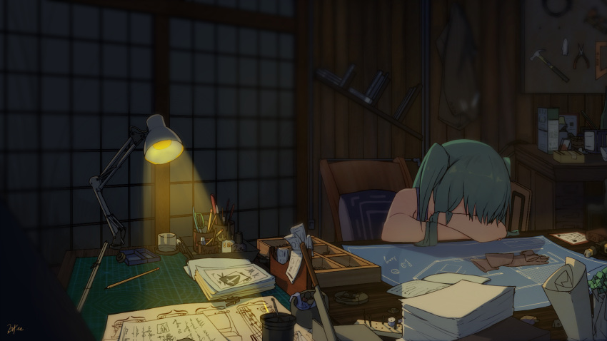 1girl crossed_arms desk green_hair hammer hatsune_miku highres indoors lamp long_hair pen sitting sleeping sleeveless solo two_side_up vocaloid zhayin-san