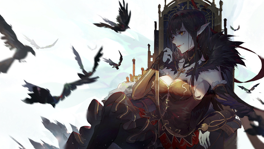 1girl arm_rest assassin_of_red bird black_gloves black_legwear black_leotard breasts bridal_gauntlets cleavage closed_mouth crow detached_collar elbow_gloves fate/apocrypha fate_(series) fur_collar gloves hand_up kuroduki_(pieat) large_breasts legs_crossed leotard long_hair looking_to_the_side pantyhose pink_lips pointy_ears sitting smile solo throne very_long_hair yellow_eyes
