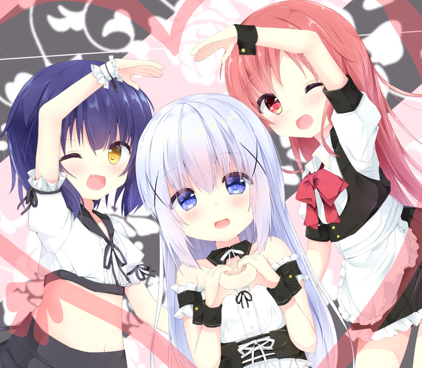 3girls :d ;d alternate_costume apron bangs bare_shoulders black_skirt black_vest blue_eyes blue_hair blush bow bowtie center_frills chimame-tai collared_shirt commentary_request crop_top detached_collar dutch_angle enmaided eyebrows_visible_through_hair eyes_visible_through_hair fang frilled_apron frills gochuumon_wa_usagi_desu_ka? hair_between_eyes hair_ornament heart heart_arms heart_arms_duo heart_hands highres jouga_maya kafuu_chino kouda_suzu long_hair looking_at_viewer looking_to_the_side maid midriff multiple_girls natsu_megumi one_eye_closed open_mouth pleated_skirt red_eyes red_neckwear redhead shirt short_hair short_sleeves silver_hair skirt smile very_long_hair vest waist_apron white_apron white_shirt wrist_cuffs x_hair_ornament yellow_eyes