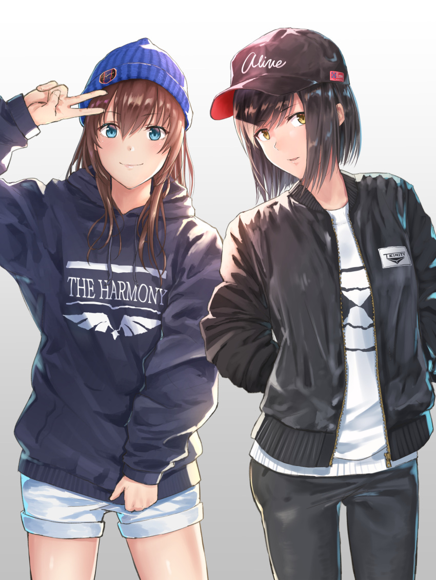 2girls arm_up bangs baseball_cap beanie black_hair black_hat black_jacket black_pants black_sweater blue_eyes blue_hat blush brown_hair closed_mouth clothes_writing cowboy_shot eyebrows_visible_through_hair grey_background hands_in_pockets hat head_tilt highlights highres hood hooded_sweater jacket legs_apart long_sleeves looking_at_viewer multicolored_hair multiple_girls open_clothes open_jacket original pants parted_lips shirt short_hair short_shorts shorts sidelocks simple_background sleeves_past_wrists smile standing sugi87 sweater swept_bangs thighs unzipped v white_shirt white_shorts yellow_eyes zipper