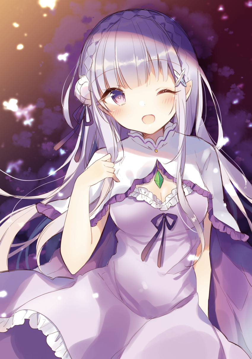 1girl ;d arm_at_side bangs blunt_bangs blush braid breasts capelet cleavage crown_braid dress emilia_(re:zero) eyebrows_visible_through_hair flower frilled_dress frills gem hair_flower hair_ornament hair_ribbon hairclip hand_up highres light_particles long_hair looking_at_viewer medium_breasts one_eye_closed open_mouth pink_dress pointy_ears purple_ribbon re:zero_kara_hajimeru_isekai_seikatsu ribbon round_teeth shiino_sera sidelocks silver_hair smile solo tareme teeth very_long_hair violet_eyes