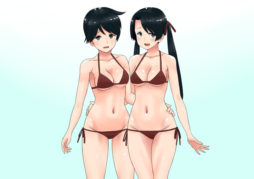 2girls 30-06 alternate_breast_size bikini breasts brown_bikini cowboy_shot eyebrows_visible_through_hair gradient gradient_background green_background green_eyes hair_ribbon kantai_collection long_hair lowleg lowleg_bikini medium_breasts mikuma_(kantai_collection) mogami_(kantai_collection) multiple_girls navel ribbon short_hair side-tie_bikini standing swimsuit twintails