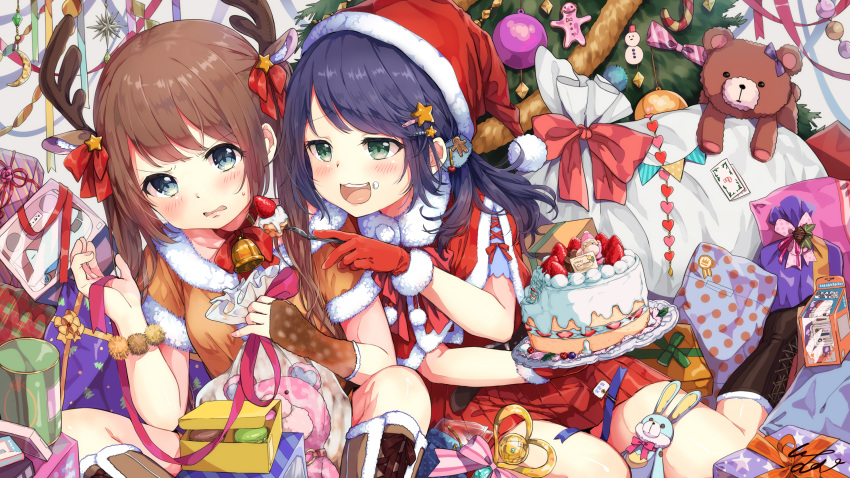 2girls :3 :d absurdres animal_ears antlers bangs bell bell_collar blue_eyes blue_hair blush boots bow bowtie box brown_dress brown_footwear brown_hair capelet christmas christmas_ornaments christmas_tree collar commentary_request crescent cross-laced_footwear dress eyebrows_visible_through_hair feeding food food_on_face food_themed_hair_ornament fork fruit fur-trimmed_boots fur-trimmed_capelet fur-trimmed_dress fur-trimmed_gloves fur-trimmed_hat fur_trim gift gift_box gingerbread_man gingerbread_man_hair_ornament gloves green_eyes hair_ornament hair_ribbon hairclip hat highres holding holding_fork knee_boots lace-up_boots long_hair macaron multiple_girls open_mouth original parted_lips pleated_skirt pom_pom_(clothes) pomu red_capelet red_collar red_gloves red_hat red_neckwear red_ribbon red_shirt red_skirt reindeer_antlers reindeer_ears ribbon sack santa_costume santa_gloves santa_hat shirt short_sleeves signature sitting skirt smile star star_hair_ornament strawberry strawberry_shortcake stuffed_animal stuffed_bunny stuffed_toy teddy_bear toy toy_airplane toy_robot twintails v-shaped_eyebrows