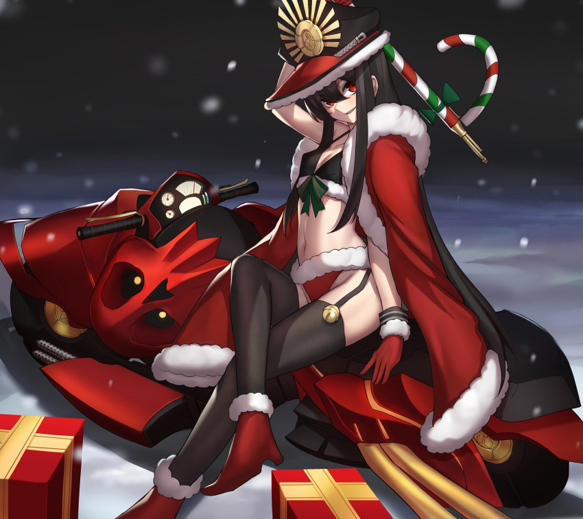 1girl alternate_costume bikini black_hair black_legwear blush boots box breasts candy candy_cane cape christmas cleavage crossed_arms demon_archer erect_nipples fate_(series) food garter_straps gift gift_box gloves ground_vehicle hat high_heels highres k_jin koha-ace long_hair looking_at_viewer motor_vehicle motorcycle navel parted_lips red_eyes red_gloves sitting smile snow solo swimsuit thigh-highs