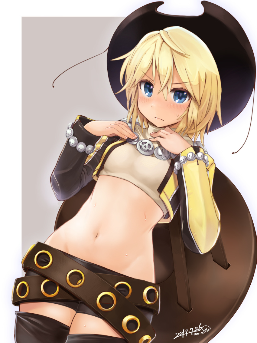 1girl belt beltskirt blonde_hair blue_eyes blush cowboy_hat embarrassed hat highres midriff navel short_hair solo sonolar_(summon_night) summon_night summon_night_3 thigh-highs umino_atari western