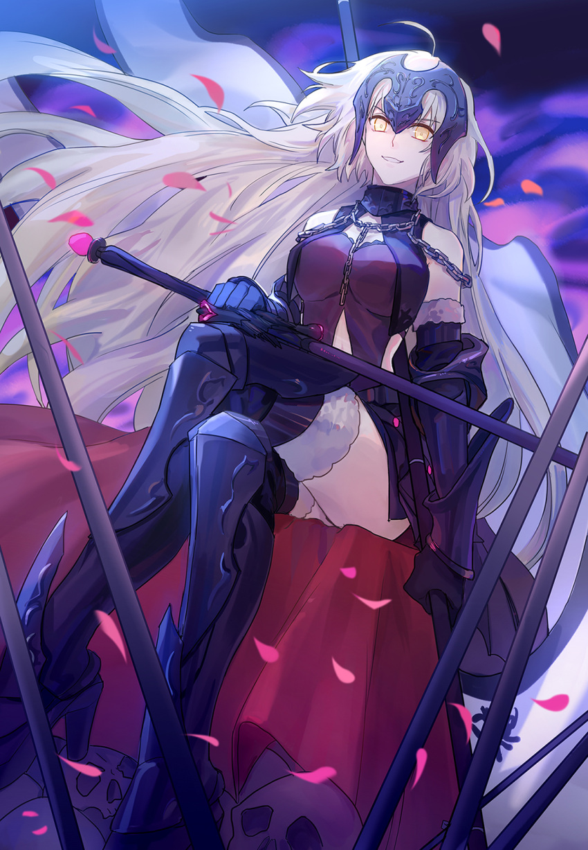 1girl ahoge armor armored_boots black_footwear black_gloves black_legwear boots breasts chains elbow_gloves eyebrows_visible_through_hair fate/grand_order fate_(series) floating_hair from_below gloves highres holding holding_sword holding_weapon jeanne_d'arc_(alter)_(fate) jeanne_d'arc_(fate)_(all) knee_boots large_breasts legs_crossed long_hair navel_cutout outdoors petals silver_hair sitting smile solo sword thigh-highs very_long_hair weapon yellow_eyes
