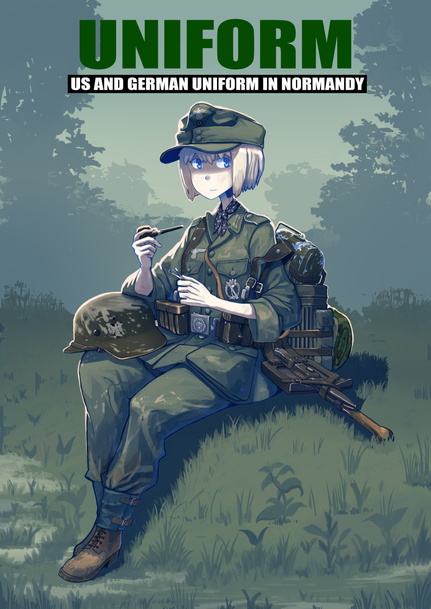 absurdres ammunition_pouch ankle_boots badge bayonet belt belt_buckle blue_eyes boots buckle cover cover_page dirty doujin_cover entrenching_tool erica_(naze1940) gaiters grass hat helmet highres holding holding_pipe load_bearing_equipment mess_kit military military_uniform neckerchief original pipe short_hair shovel sitting sleeves_rolled_up soldier uniform worktool world_war_ii