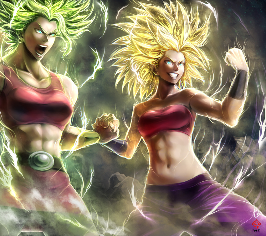 2girls absurdres aura bandeau blue_eyes caulifla dragon_ball dragon_ball_super earrings glowing glowing_hair hand_holding highres jewelry kale_(dragon_ball) legendary_super_saiyan multiple_girls muscle muscular_female navel open_mouth shorts_under_skirt skirt smile spiky_hair stomach super_saiyan tete_(amakuchichiyoko)