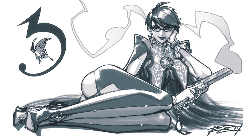 1girl alternate_hair_length alternate_hairstyle ankle_gun bayonetta bayonetta_(character) bayonetta_2 bayonetta_3 black_hair bodysuit butterfly cleavage_cutout earrings glasses gun handgun highres jewelry lipstick looking_at_viewer makeup mole mole_under_mouth monochrome robert_porter short_hair smile solo weapon witch