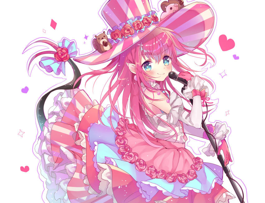 1girl blue_eyes blush detached_sleeves dragon_girl dragon_tail dress elizabeth_bathory_(fate) elizabeth_bathory_(fate)_(all) eyebrows_visible_through_hair fate/extra fate/extra_ccc fate_(series) flower frilled_dress frilled_sleeves frills hat hat_flower heart highres long_hair long_sleeves looking_at_viewer pig pink_hair pointy_ears rose smile solo squirrel tail tail_flower tail_ornament takoyaki_hika top_hat white_background