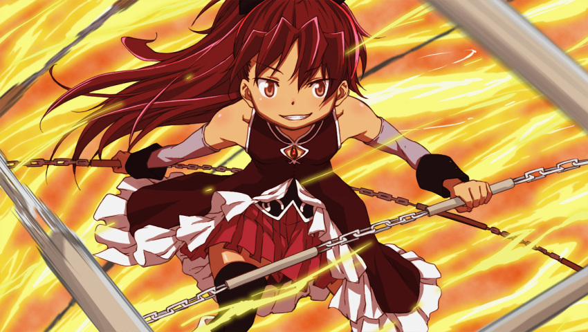 :d bare_shoulders black_legwear chains detached_sleeves fiery_background fire long_hair looking_at_viewer magical_girl mahou_shoujo_madoka_magica open_mouth orange_hair redhead renji_(orange_ize) sakura_kyouko skirt smile thigh-highs thighs v-shaped_eyebrows