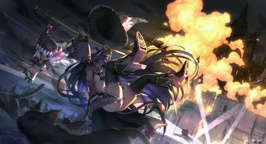 2girls :o animal_ears black_legwear blue_eyes blue_hair broom broom_riding castle cat cat_ears cat_tail commentary detached_sleeves explosion hat high_heels long_hair multiple_girls night observerz original searchlight tail thigh-highs very_long_hair wide_sleeves witch_hat