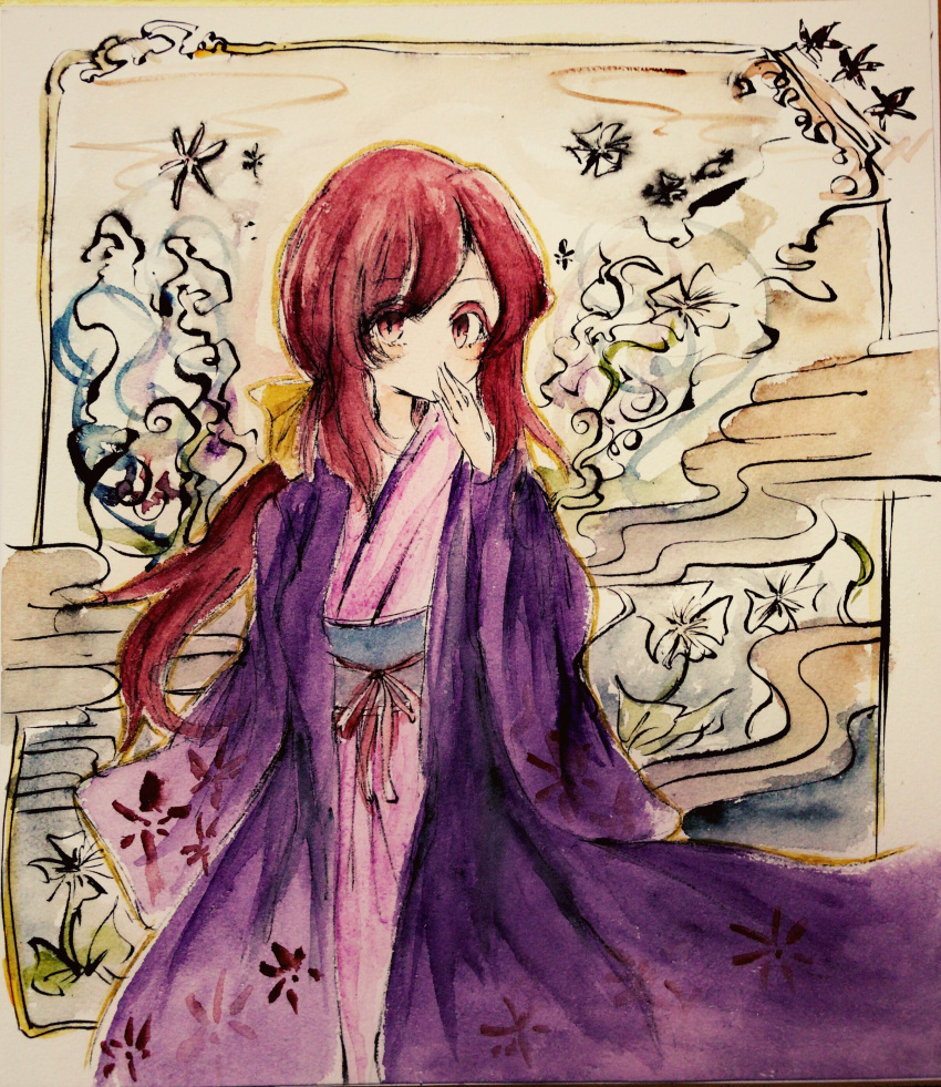 1girl absurdres bow covering_mouth egasumi flower hair_bow highres japanese_clothes kimono kotohime layered_clothing layered_kimono margarine0922 obi red_eyes redhead sash touhou touhou_(pc-98) traditional_media