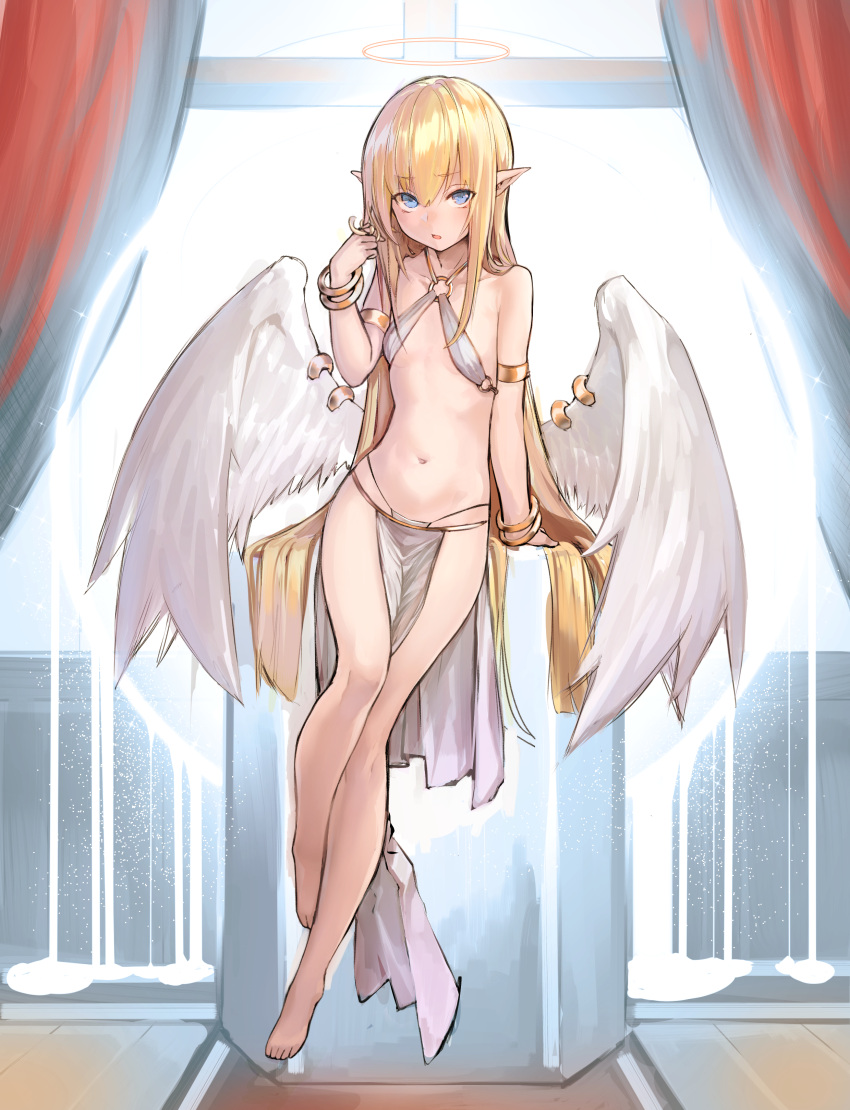 1girl absurdres angel angel_wings armlet bangle bare_legs barefoot blonde_hair blue_eyes bracelet breasts commentary_request criss-cross_halter deluxe&lt;&lt;&lt; eyebrows_visible_through_hair full_body hair_twirling halo halterneck highres jewelry loincloth long_hair looking_at_viewer midriff navel o-ring o-ring_top panties parted_lips pelvic_curtain pointy_ears sidelocks small_breasts solo string_panties underwear very_long_hair white_panties white_wings wings