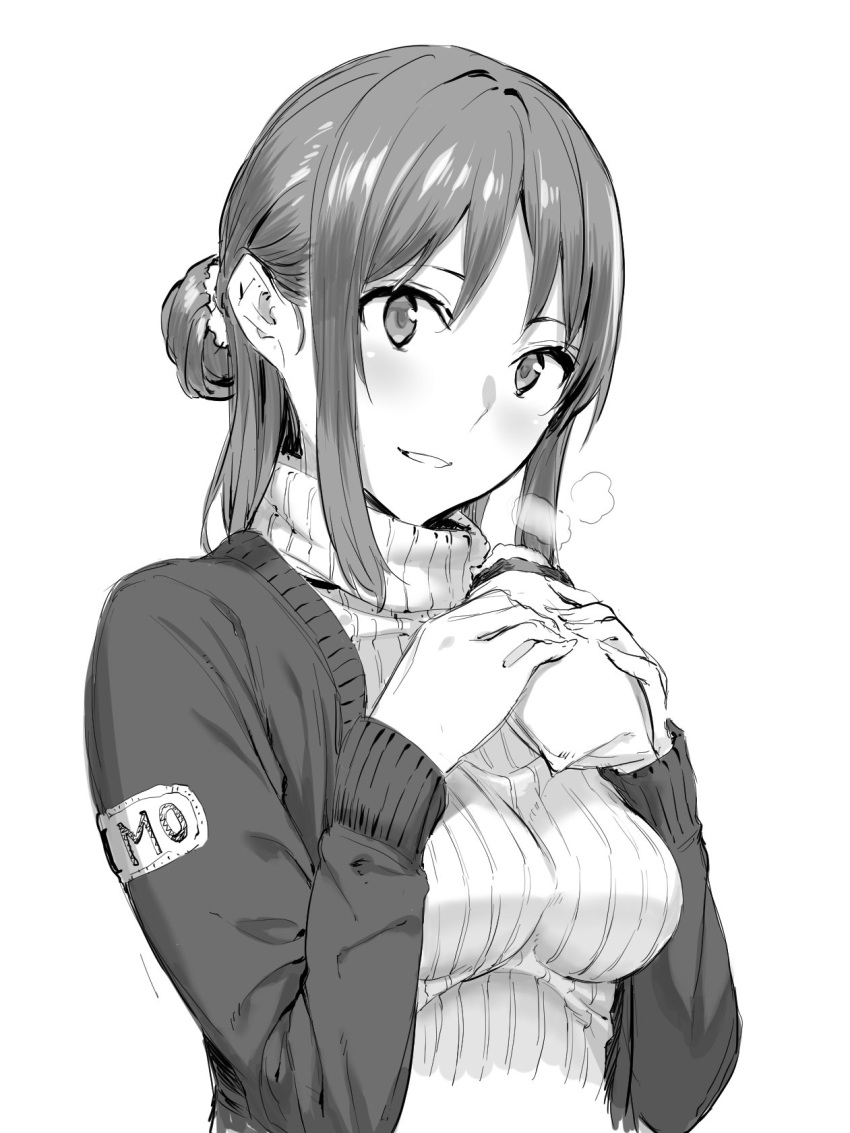 1girl blush breasts breath cardigan food greyscale hair_bun highres hiiragi_yuuichi holding holding_food long_sleeves looking_at_viewer medium_breasts monochrome original ribbed_sweater short_hair simple_background smile solo sweater upper_body white_background