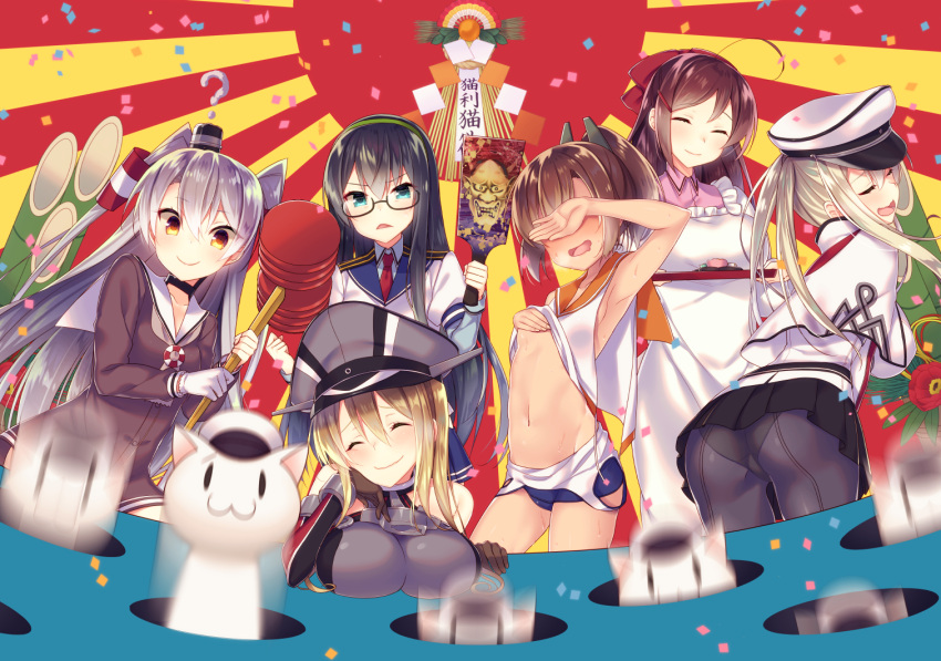 6+girls :3 ahoge amatsukaze_(kantai_collection) armpits ass bismarck_(kantai_collection) black_hair black_legwear blonde_hair blush breasts brown_hair covering covering_breasts covering_eyes covering_face graf_zeppelin_(kantai_collection) green_eyes hammer hat i-401_(kantai_collection) jacket kantai_collection kappougi mamiya_(kantai_collection) miniskirt multiple_girls non-human_admiral_(kantai_collection) ooyodo_(kantai_collection) panties pantyhose peaked_cap silver_hair skirt tahya tray twintails underwear yellow_eyes