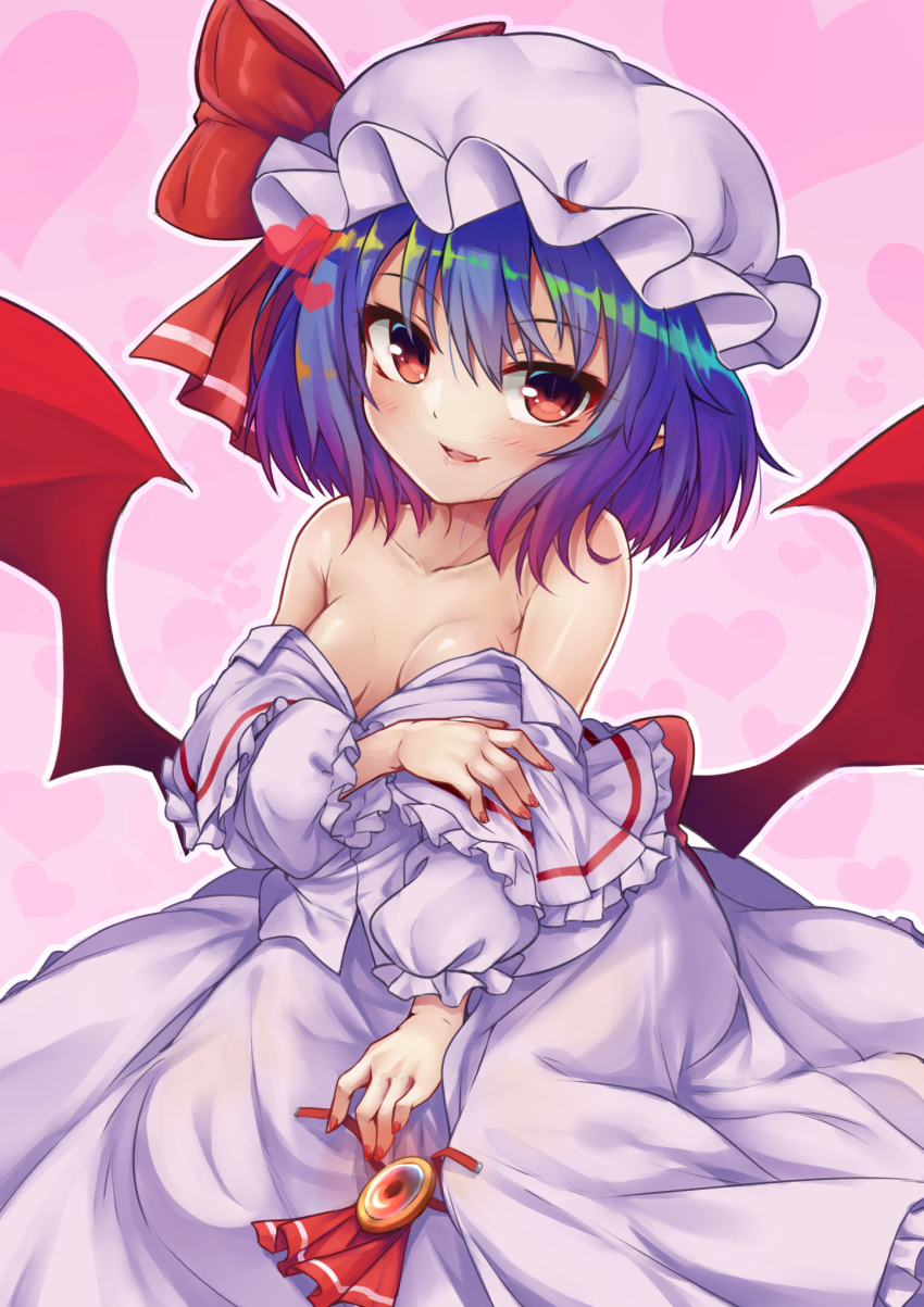 1girl ascot bare_shoulders bat_wings blue_hair breasts brooch collarbone fang hat heart heart_background highres jewelry looking_at_viewer nail_polish off_shoulder parted_lips pink_background red_eyes red_nails remilia_scarlet sash skirt skirt_set small_breasts smile solo tenneko_yuuri touhou undressing wings