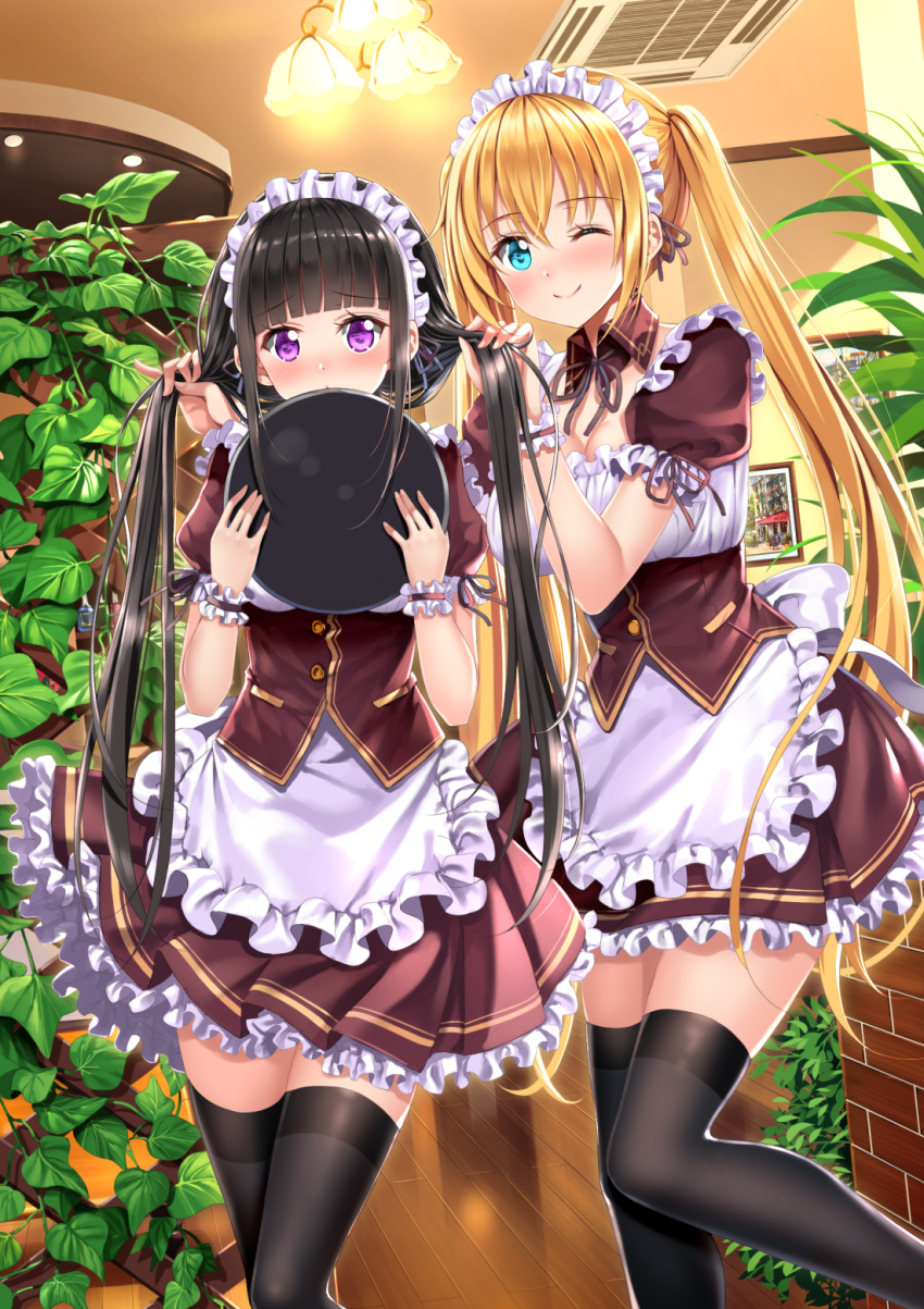 2girls ;) alternate_costume alternate_hairstyle apron bangs black_hair black_legwear blend_s blonde_hair blue_eyes blunt_bangs blush bottle breasts brown_collar brown_ribbon brown_shirt brown_skirt bunching_hair ceiling_light cleavage closed_mouth commentary_request covered_mouth detached_collar enmaided eyebrows_visible_through_hair fingernails frilled_apron frilled_skirt frills hair_between_eyes hair_grab hands_up head_tilt highres hinata_kaho holding holding_tray indoors large_breasts long_hair looking_at_viewer maid maid_headdress medium_breasts multiple_girls one_eye_closed photo_(object) pleated_skirt puffy_short_sleeves puffy_sleeves ribbon sakuranomiya_maika shirt short_sleeves skirt smile standing standing_on_one_leg swordsouls thigh-highs tray twintails underbust very_long_hair violet_eyes waist_apron white_apron wing_collar wrist_cuffs