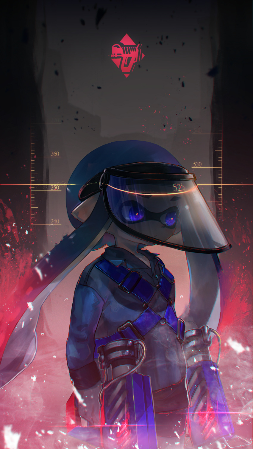 1girl bike_shorts black_shorts blue_eyes blue_hair buckle cable closed_mouth collared_shirt commentary cowboy_shot domino_mask dual_wielding expressionless floating_hair glooga_dualies_(splatoon) grey_shirt gun highres holding holding_gun holding_weapon ink inkling kashu_(hizake) long_hair long_sleeves looking_away mask monster_girl number pointy_ears shade shirt shorts solo splatoon splatoon_2 standing tentacle_hair visor_cap weapon