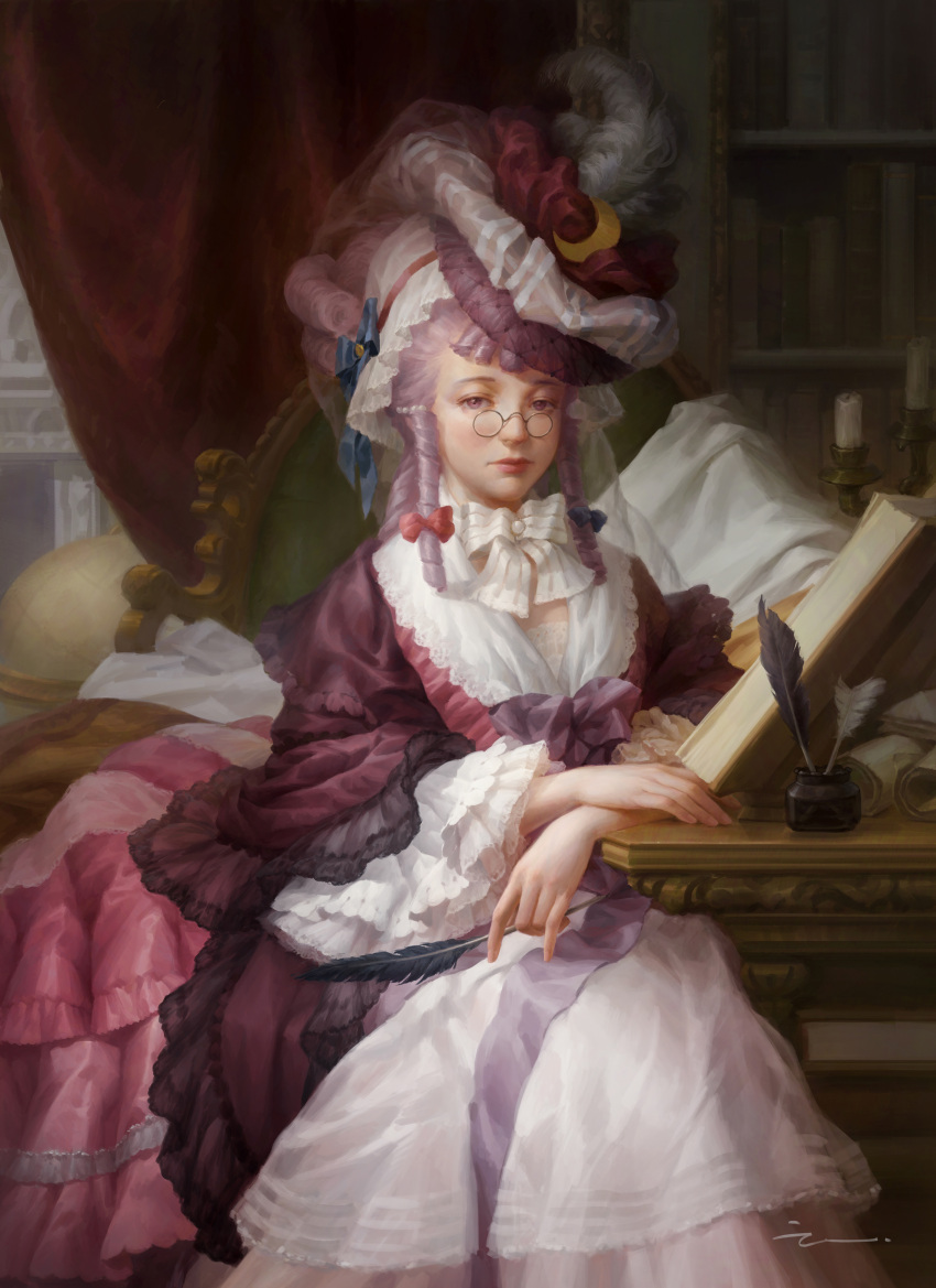 1girl absurdres bed blue_bow bonnet book bow closed_mouth commentary_request crescent dress feathers glasses hair_bow hat highres indoors inkwell lips looking_at_viewer nose patchouli_knowledge pince-nez purple_dress purple_hair realistic red_bow sitting solo touhou violet_eyes windyakuma