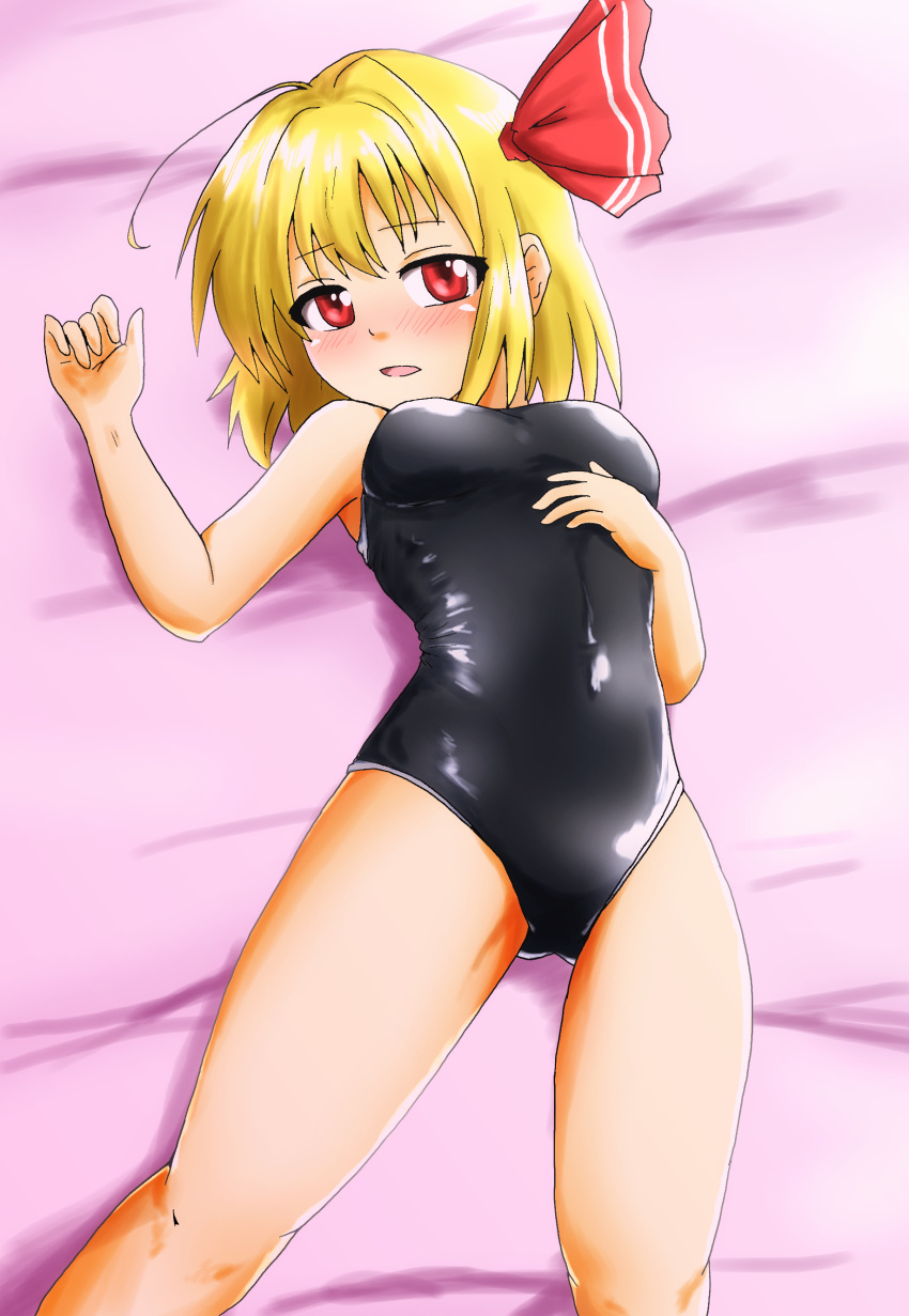 1girl absurdres black_swimsuit blonde_hair blush breasts competition_swimsuit d-m_(dii_emu) hair_ribbon highres looking_at_viewer on_bed one-piece_swimsuit open_mouth red_eyes red_ribbon ribbon rumia short_hair solo swimsuit touhou