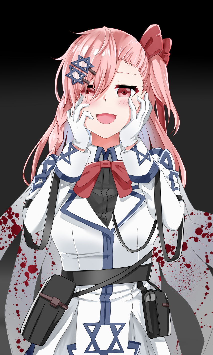 1girl absurdres ammunition_pouch bangs belt black_belt black_legwear blood blood_splatter bloody_clothes blush bow braid breasts eyebrows_visible_through_hair girls_frontline gloves gradient gradient_background grin gun hair_between_eyes hair_bow hair_ornament hair_ribbon hairclip half-closed_eyes hand_up hands_on_own_face hayarob hexagram highres large_breasts long_hair looking_at_viewer military military_uniform negev_(girls_frontline) one_side_up open_mouth pantyhose parted_lips pleated_skirt red_bow red_eyes red_ribbon ribbon side_braid simple_background single_braid skirt smile solo star_of_david thigh_strap tsurime uniform very_long_hair weapon white_gloves white_skirt yandere yandere_trance