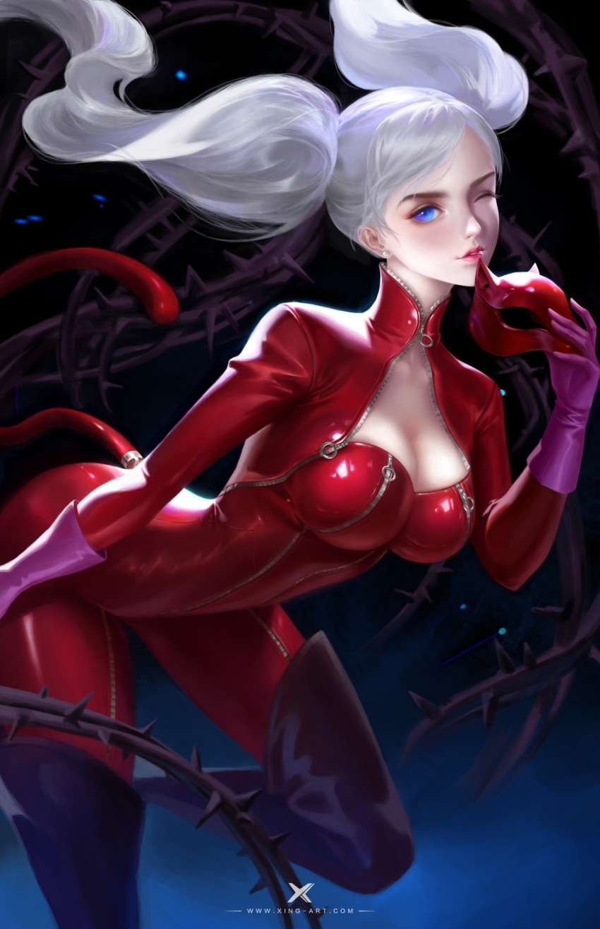 1girl bent_over blue_eyes bodysuit boots breasts cat_mask cleavage earrings gloves highres jewelry large_breasts leather leather_boots mask parted_lips persona persona_5 pink_gloves red_bodysuit red_legwear stud_earrings tail takamaki_anne thigh-highs thigh_boots thorns twintails watermark web_address white_hair winking zipper