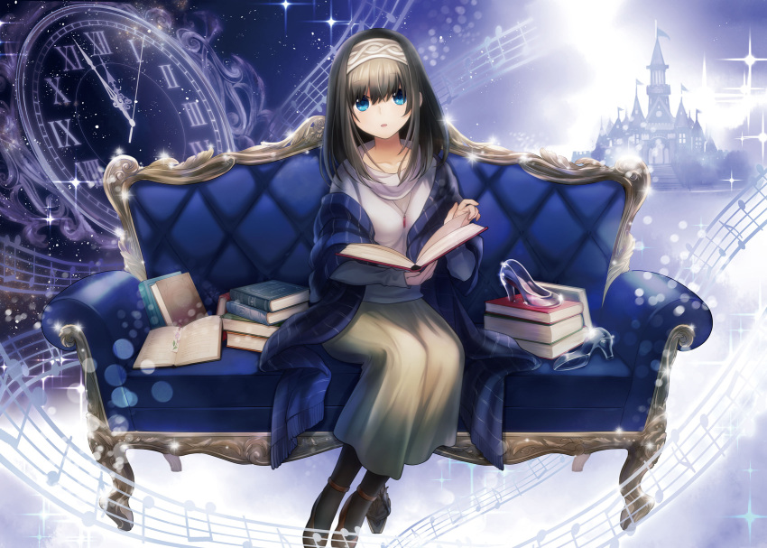 1girl black_hair black_legwear blue_eyes blush book breasts commentary_request couch full_body glass_slipper hachijou_asa hairband high_heels highres holding holding_book idolmaster idolmaster_cinderella_girls jewelry long_hair looking_at_viewer necklace off-shoulder_sweater on_couch pendant ribbed_sweater sagisawa_fumika shawl sitting solo sweater