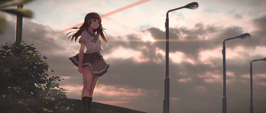 1girl arm_at_side bangs black_legwear black_skirt blunt_bangs blurry brown_hair closed_mouth clouds cloudy_sky day depth_of_field green_eyes hair_ornament hairclip highres kneehighs kurosawa_dia lamppost long_hair looking_away love_live! love_live!_sunshine!! meda mole mole_under_mouth neckerchief outdoors plant pleated_skirt shirt short_sleeves skirt sky solo stairs standing uranohoshi_school_uniform white_shirt wind