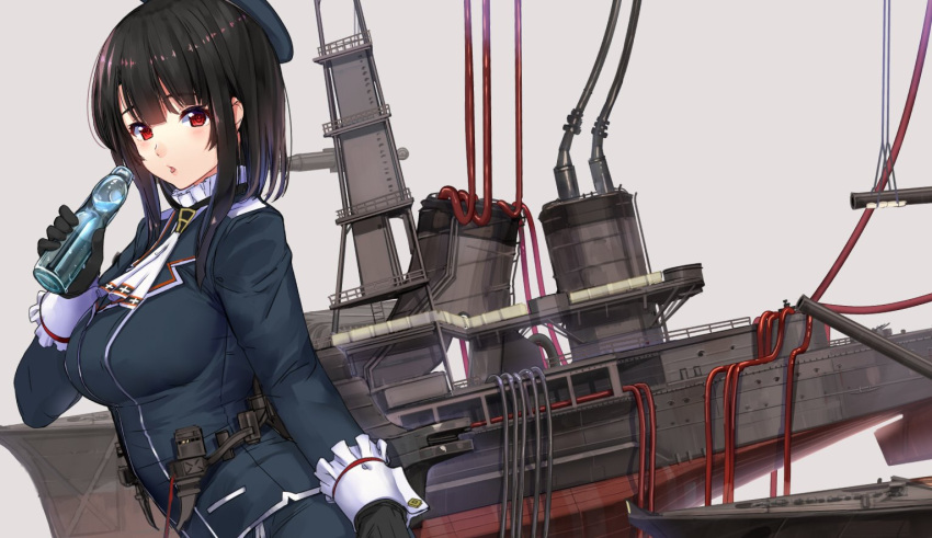 1girl akasaai beret black_gloves black_hair blue_hat blue_jacket blush bottle breasts from_side gloves grey_background hair_between_eyes hand_on_hip hat holding holding_bottle jacket kantai_collection large_breasts long_sleeves looking_at_viewer parted_lips ramune red_eyes repairing rigging shiny shiny_hair short_hair simple_background smokestack solo takao_(kantai_collection) tube upper_body work_in_progress