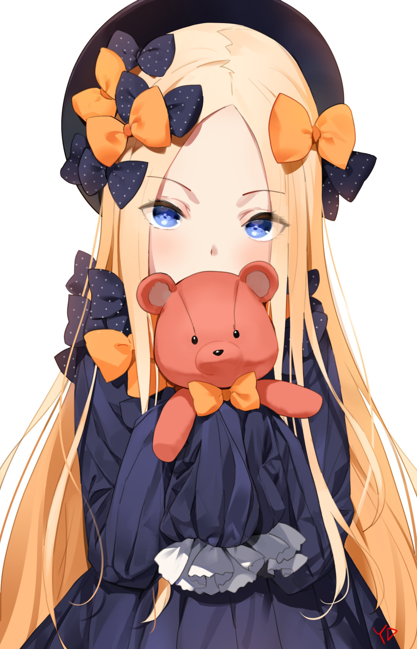 1girl abigail_williams_(fate/grand_order) absurdres bangs black_bow blonde_hair blue_eyes blush bow covered_mouth eyebrows_visible_through_hair eyes_visible_through_hair fate/grand_order fate_(series) hair_bow hands_in_sleeves hat highres long_hair long_sleeves orange_bow parted_bangs signature solo stuffed_animal stuffed_toy teddy_bear upper_body very_long_hair yang-do