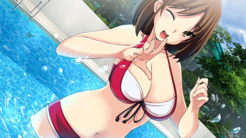 1girl artist_request bikini brown_eyes brown_hair character_request fence game_cg highres official_art one_eye_closed open_mouth pool splashing stay!_stay!_democratic_people's_republic_of_korea! swimsuit tree water