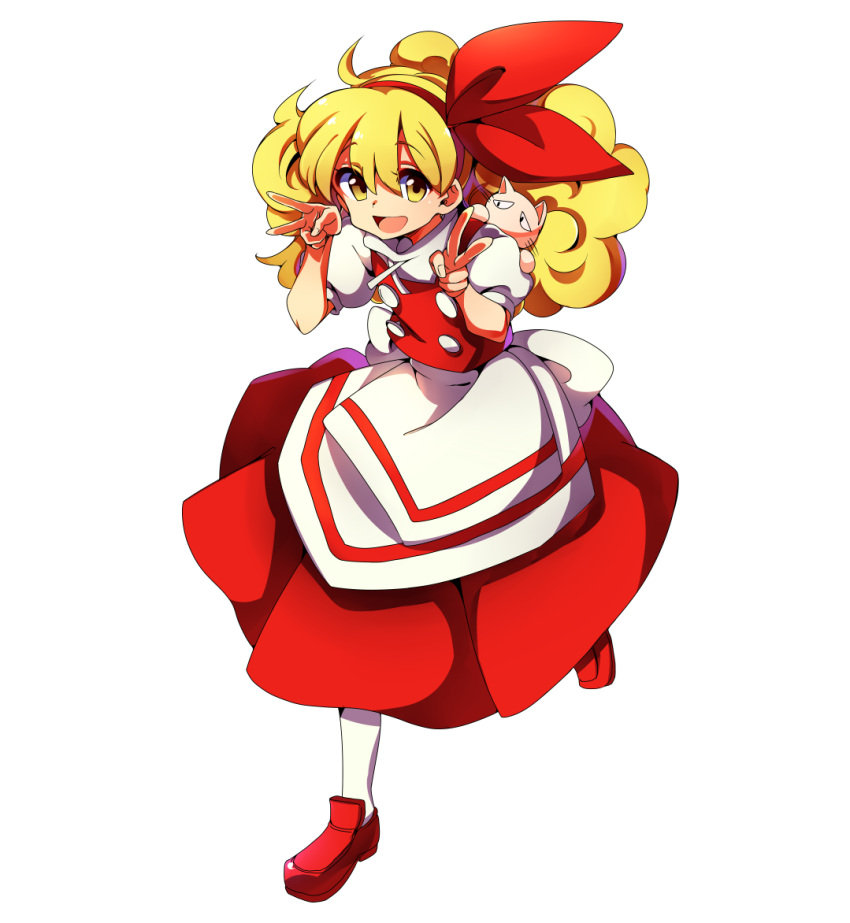 1girl baba_(baba_seimaijo) blonde_hair bow commentary_request double_v ellen hair_ribbon hairband long_hair red_footwear ribbon solo touhou touhou_(pc-98) transparent_background v yellow_eyes