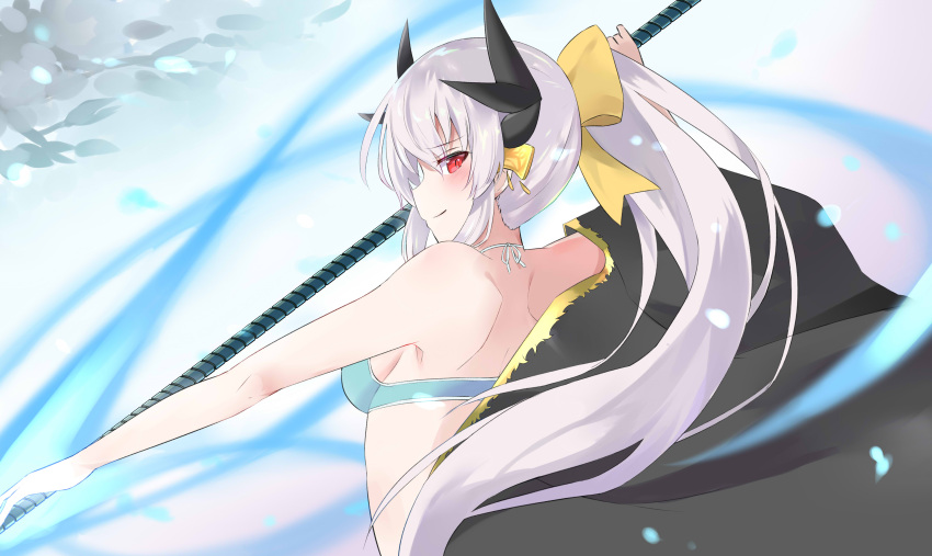 100 1girl absurdres blue_bikini_bottom bow breasts eyebrows_visible_through_hair fate/grand_order fate_(series) floating_hair from_side hair_between_eyes hair_bow highres holding holding_weapon horns kiyohime_(fate/grand_order) kiyohime_(swimsuit_lancer)_(fate) long_hair medium_breasts polearm ponytail red_eyes sideboob silver_hair smile solo upper_body very_long_hair weapon yellow_bow