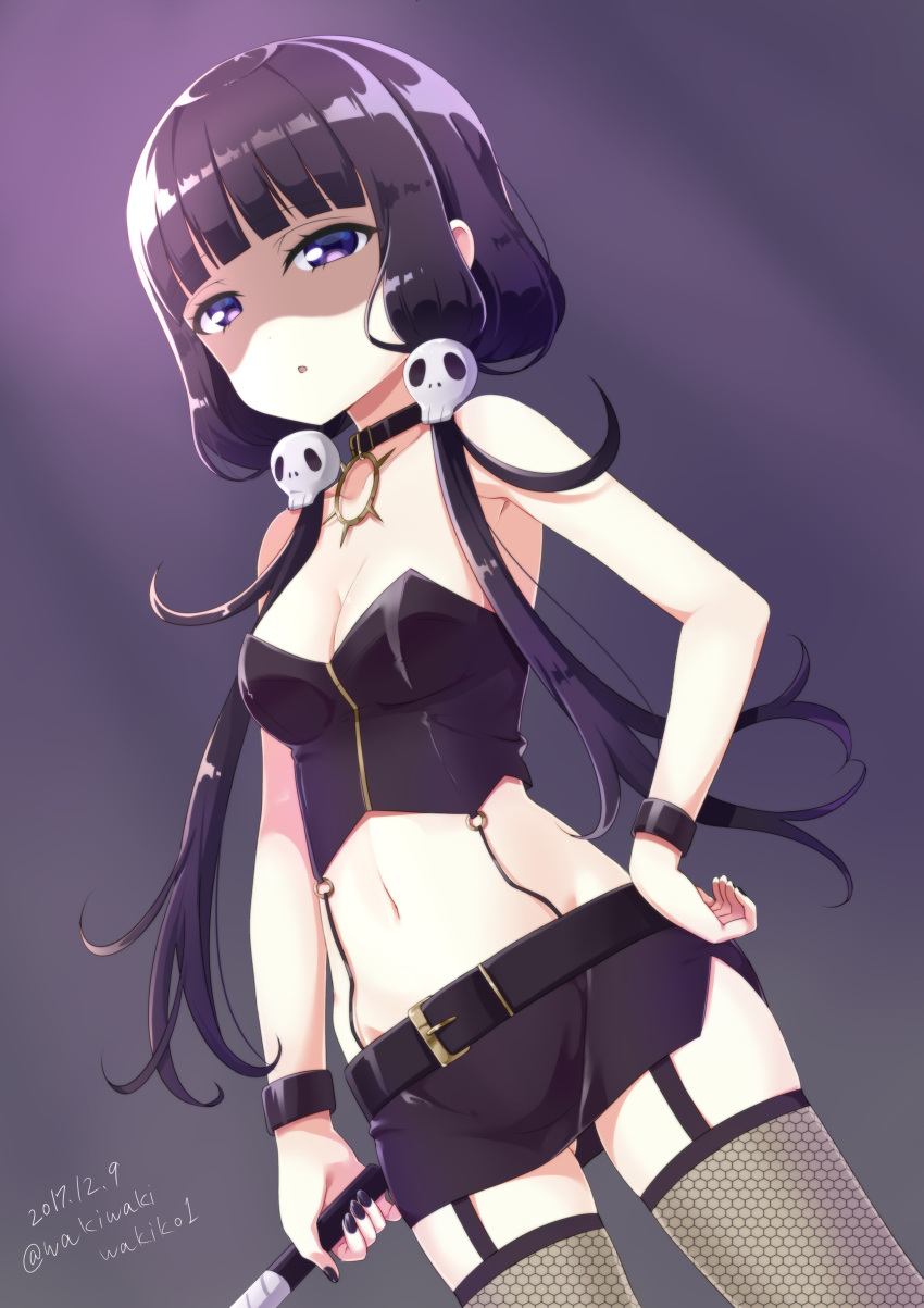 1girl :o absurdres arm_at_side armpits bangs bare_shoulders belt_buckle black_belt black_collar black_nails black_shirt black_skirt blend_s blunt_bangs breasts buckle bustier cleavage commentary_request cowboy_shot dated dutch_angle eyebrows_visible_through_hair fingernails fishnet_legwear fishnets garter_straps grey_background hair_ornament half-closed_eyes hand_on_hip highres holding holding_whip long_hair looking_at_viewer low_twintails medium_breasts midriff nail_polish navel neki_(wakiko) parted_lips purple_background purple_hair sakuranomiya_maika shaded_face shirt simple_background skirt skull_hair_ornament solo strapless thigh-highs twintails twitter_username very_long_hair violet_eyes whip wristband