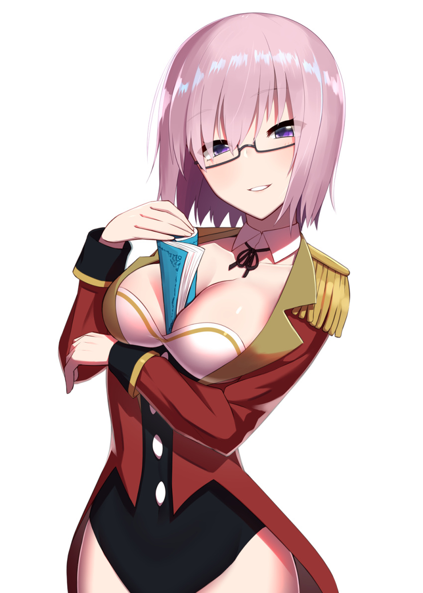 1girl between_breasts black-framed_eyewear black_leotard blush book breasts cleavage coat collarbone detached_collar epaulettes eyebrows_visible_through_hair fate/grand_order fate_(series) glasses hair_over_one_eye highres kuroshiro_(ms-2420) leotard long_hair long_sleeves looking_at_viewer mash_kyrielight medium_breasts naughty_face open_clothes open_coat parted_lips pink_hair red_coat sexually_suggestive shiny shiny_hair short_hair simple_background smile under-rim_eyewear upper_body violet_eyes white_background