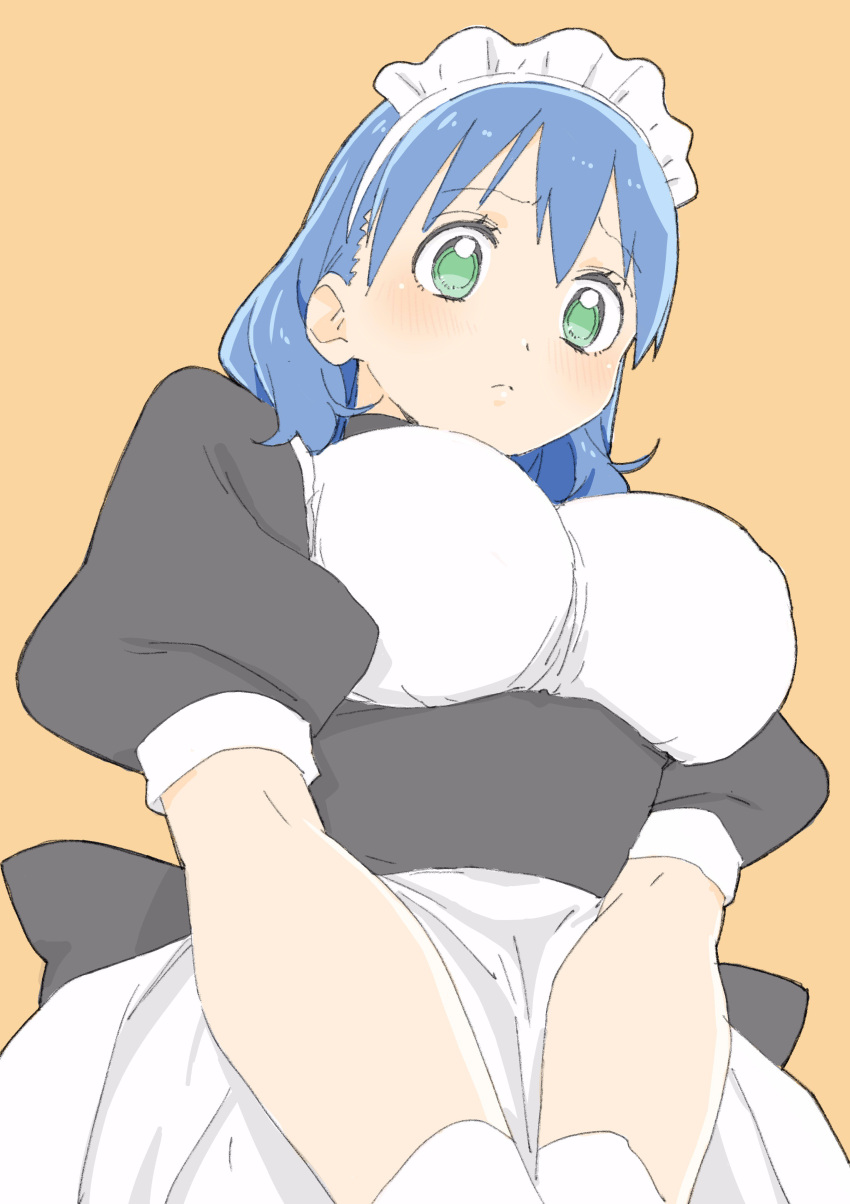 1girl absurdres apron black_skirt blue_hair blush breasts closed_mouth donguri_suzume eyebrows_visible_through_hair from_below gloves green_eyes high-waist_skirt highres large_breasts maid maid_apron maid_headdress original puffy_short_sleeves puffy_sleeves shirt short_sleeves skirt solo upper_body v_arms waist_apron white_gloves white_shirt