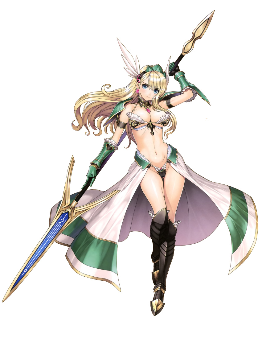 1girl absurdres arm_strap arm_up armor armored_boots bangs bare_shoulders bikini_armor bikini_warriors blonde_hair blue_eyes boots breasts cleavage closed_mouth earrings eyebrows_visible_through_hair female frills full_body gauntlets greaves highres holding holding_weapon jewelry large_breasts long_hair looking_at_viewer midriff navel official_art polearm revealing_clothes simple_background skirt solo spear stomach tanaka_takayuki transparent_background underboob valkyrie_(bikini_warriors) very_long_hair weapon winged_hairband