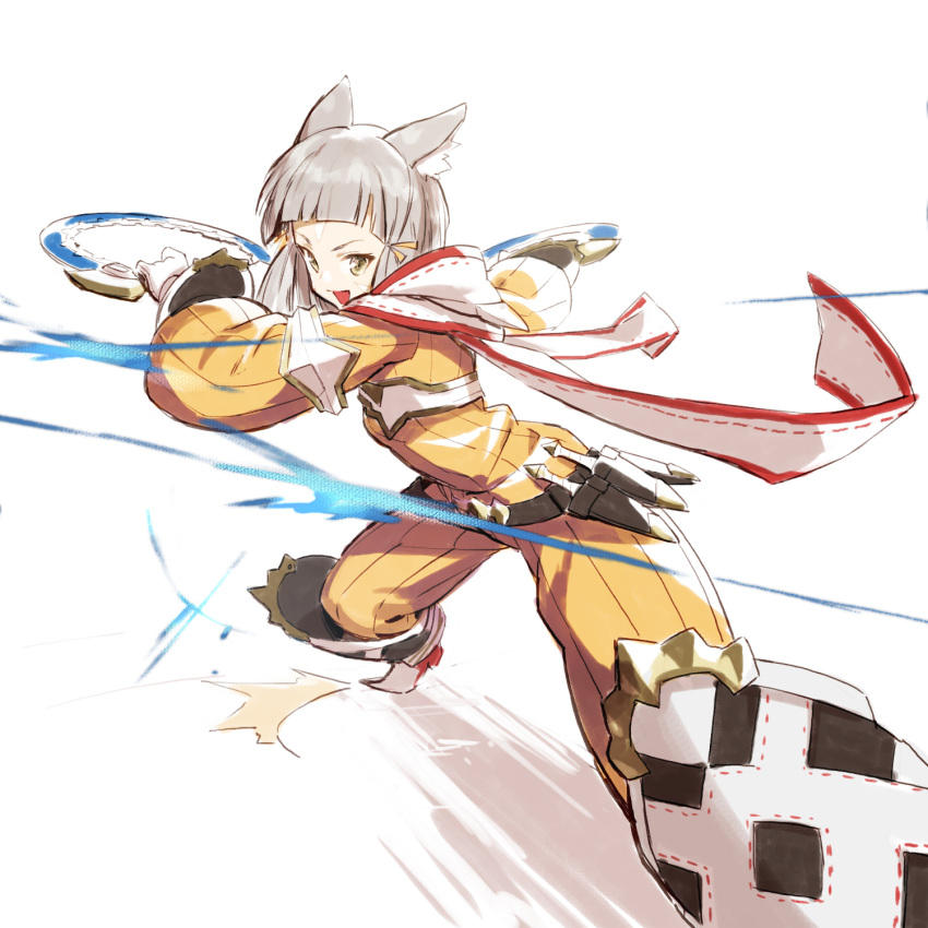 1girl :d animal_ears bangs belt black_belt blunt_bangs bodysuit breasts cat_ears dagger eyebrows eyelashes facial_mark facing_away gloves hair_ribbon highres holding holding_weapon legs_apart long_sleeves looking_at_viewer niyah open_mouth perspective ribbed_bodysuit ribbon ribbon_trim sheath sheathed short_hair silver_hair simple_background small_breasts smile solo standing tsurime tugo weapon white_background white_gloves wide_stance xenoblade xenoblade_2 yellow_bodysuit yellow_eyes yellow_ribbon