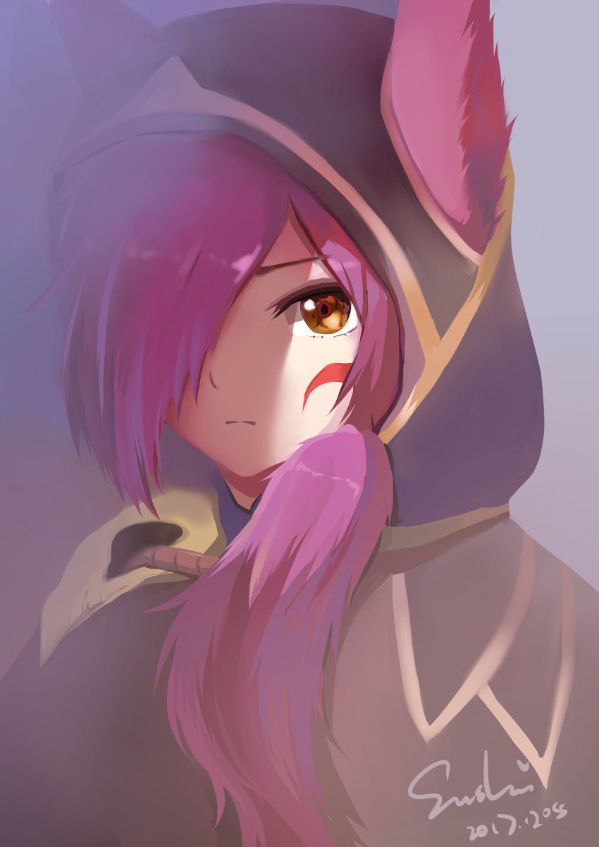 1girl absurdres animal_ears artist_name closed_mouth dated facial_mark feathers hair_over_one_eye half-closed_eyes highres league_of_legends looking_at_viewer one_eye_covered purple_hair side_ponytail solo xayah yellow_eyes