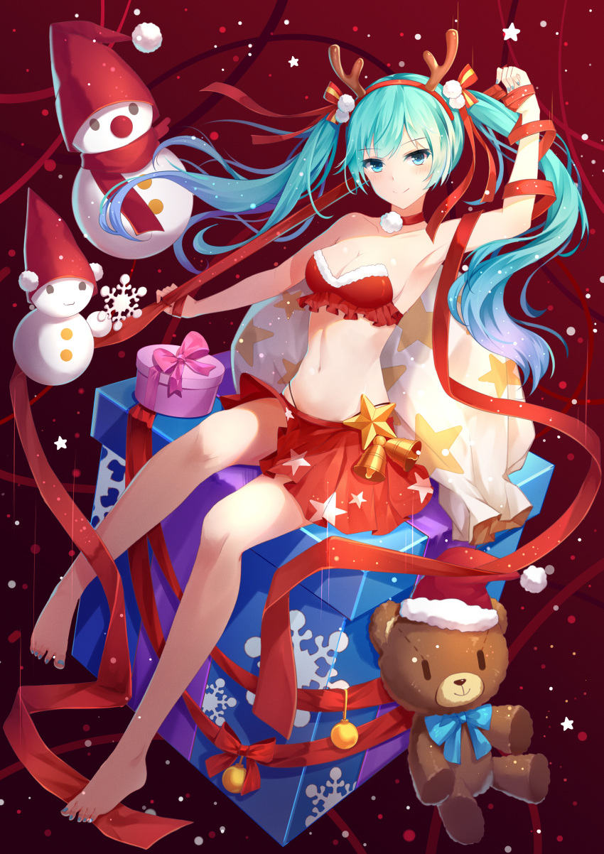 1girl absurdres akage_kage antlers aqua_eyes aqua_hair arm_up barefoot bell choker christmas eyebrows_visible_through_hair full_body gift hat hatsune_miku highleg highleg_panties highres long_hair midriff navel panties ribbon santa_hat scarf sitting skirt smile snowflakes snowman solo stuffed_animal stuffed_toy teddy_bear toenail_polish twintails underwear vocaloid