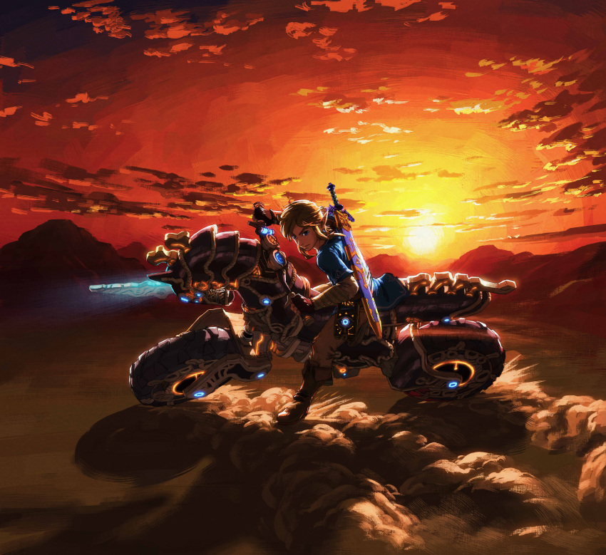 1boy absurdres blue_eyes dust ground_vehicle highres link looking_at_viewer master_sword motor_vehicle motorcycle mountain nintendo official_art pointy_ears ponytail riding scabbard serious sheath solo sword the_legend_of_zelda the_legend_of_zelda:_breath_of_the_wild weapon