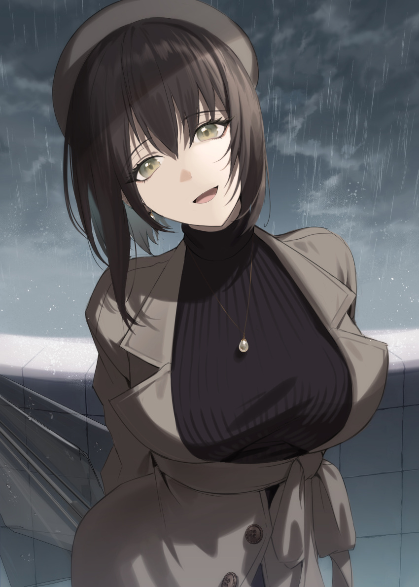 1girl absurdres arms_behind_back bangs black_sweater brown_coat brown_eyes clouds cloudy_sky coat grey_sky hat head_tilt highres jewelry looking_at_viewer mamima medium_hair necklace open_mouth original rain ribbed_sweater sky sweater turtleneck turtleneck_sweater