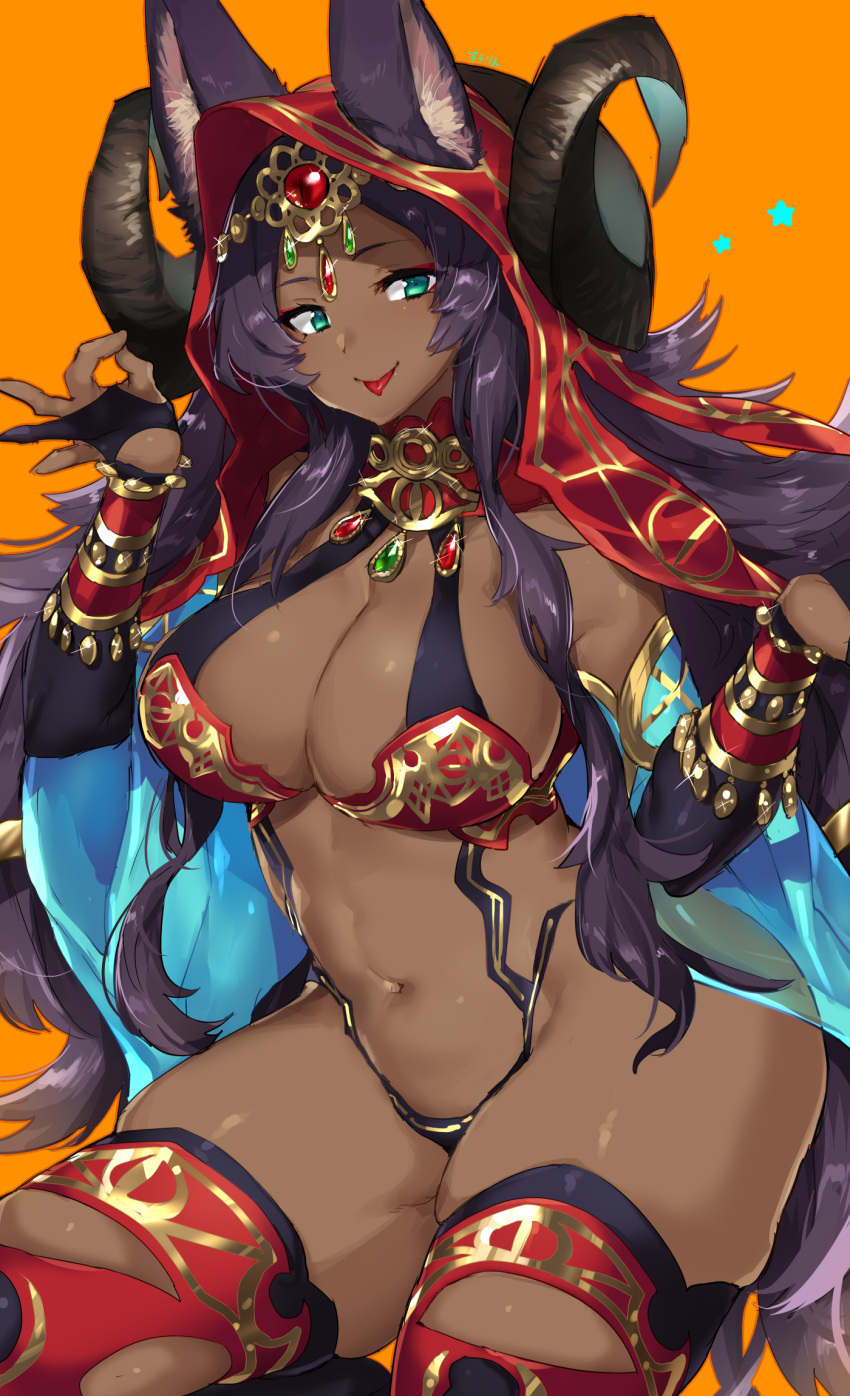 1girl :p animal_ears aqua_eyes ass breasts bridal_gauntlets cleavage dark_skin fate/grand_order fate_(series) gem highres hood horns jewelry large_breasts long_hair navel purple_hair queen_of_sheba_(fate/grand_order) skindentation smile solo suurin_(ksyaro) thick_thighs thighs tongue tongue_out