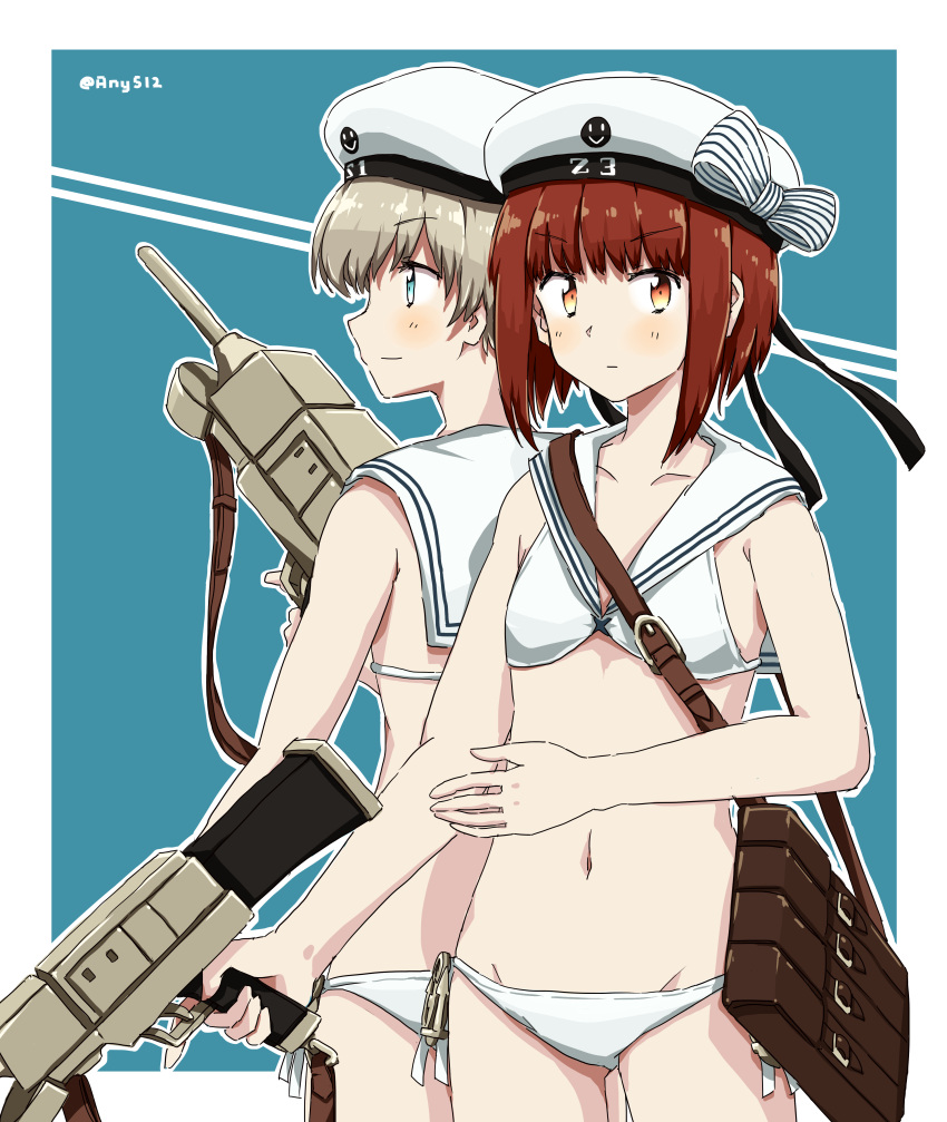 2girls absurdres any_(lucky_denver_mint) bag bangs beret bikini blonde_hair blue_background blue_eyes buckle closed_mouth collarbone cowboy_shot flat_chest gun hat highres holding holding_weapon kantai_collection multicolored multicolored_eyes multiple_girls navel orange_eyes outline profile redhead sailor_bikini sailor_collar serious short_hair shoulder_bag sidelocks smile standing stomach swimsuit trigger_discipline twitter_username two-tone_background v-shaped_eyebrows weapon white_bikini white_hat white_outline yellow_eyes z1_leberecht_maass_(kantai_collection) z3_max_schultz_(kantai_collection)