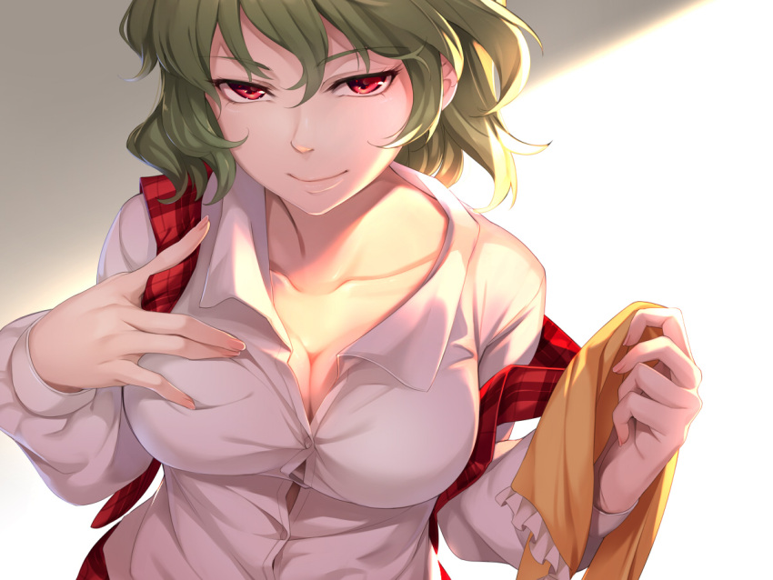 1girl asutora bangs breasts buttons cleavage closed_mouth collarbone collared_shirt eyebrows_visible_through_hair fingernails green_hair hair_between_eyes hand_on_own_chest hands_up holding kazami_yuuka large_breasts long_sleeves looking_at_viewer nose plaid plaid_vest red_eyes red_skirt scarf shirt short_hair skirt smile solo touhou unbuttoned unbuttoned_shirt upper_body vest white_shirt wing_collar