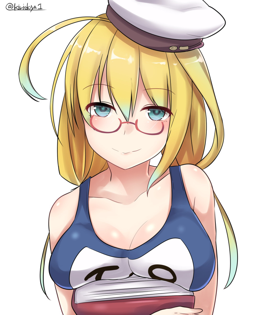 1girl absurdres ahoge aqua_hair bare_arms bare_shoulders blonde_hair blue_eyes blue_swimsuit blush book breast_press breasts closed_mouth competition_school_swimsuit eyebrows_visible_through_hair gradient_hair hair_between_eyes hat highres holding holding_book i-8_(kantai_collection) kantai_collection kiritto large_breasts long_hair looking_at_viewer low_twintails multicolored_hair name_tag one-piece_swimsuit red-framed_eyewear school_swimsuit smile solo swimsuit twintails twitter_username upper_body